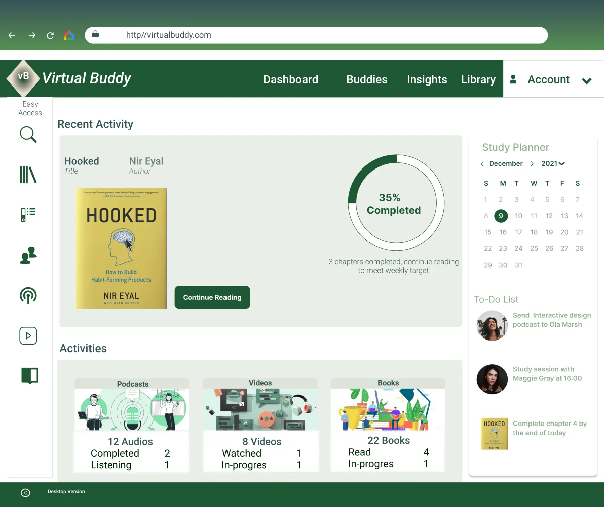 The VirtualBuddy desktop dashboard: a recent-activity panel with a reading-progress ring, a study planner calendar, a to-do list and counts of audios, videos and books
